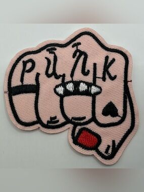 EMBROIDERED IRON OR SEW ON PATCH PUNK FUST HAND POLISH SPIKE RING